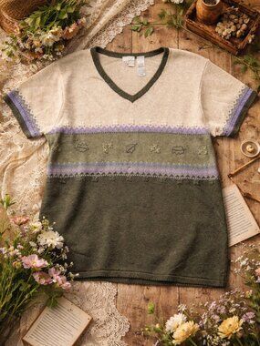 Villager Sport 1X Knit Top Coastal Grandma Cottagecore Olive Cream V Neck